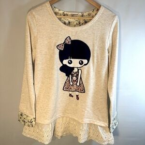 Waypoints The Hue Company Knit Lace Cream Floral Girls Long Sleeve Dress Size M